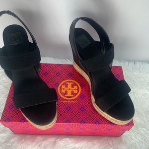 Tory Burch Black Tan Wedge Espadrilles Sz 8.5 M22